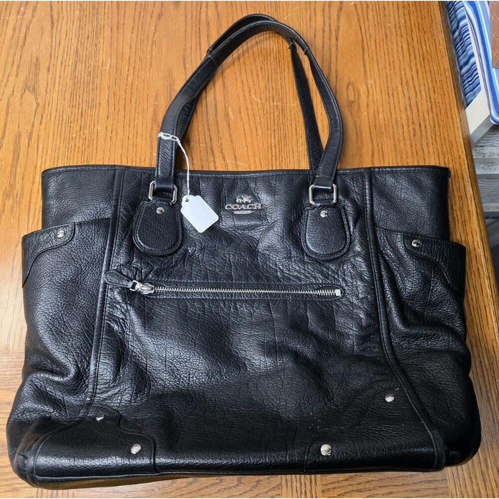 Coach Mickie Black Pebbled Leather Double Handles Zipper Tote Bag F34039